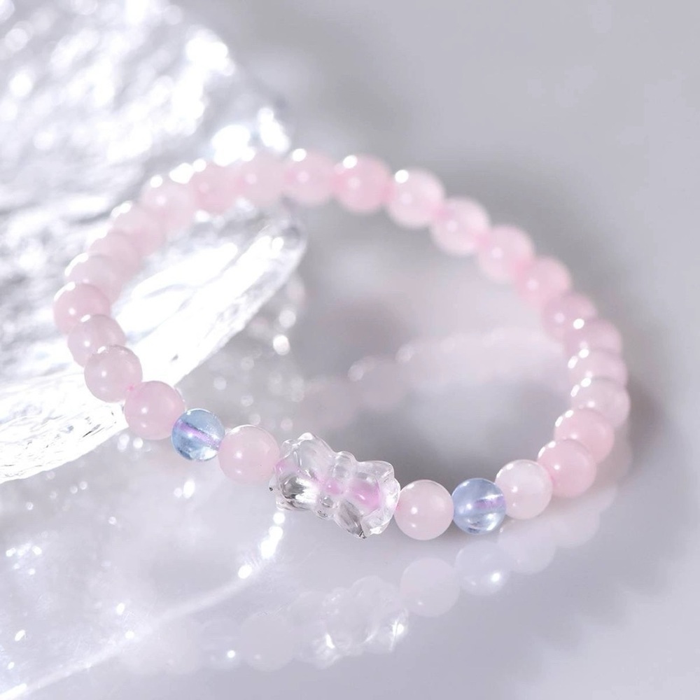 Natural Ice Rose Pink Quartz Madagascar & Clear Crystal Beaded Bracelet 6mm New